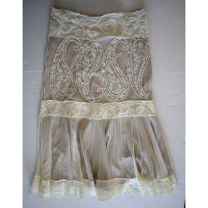 Basil & Maude Women Sz 8 Beige Beaded Heavily Embellished A-Line Midi Skirt